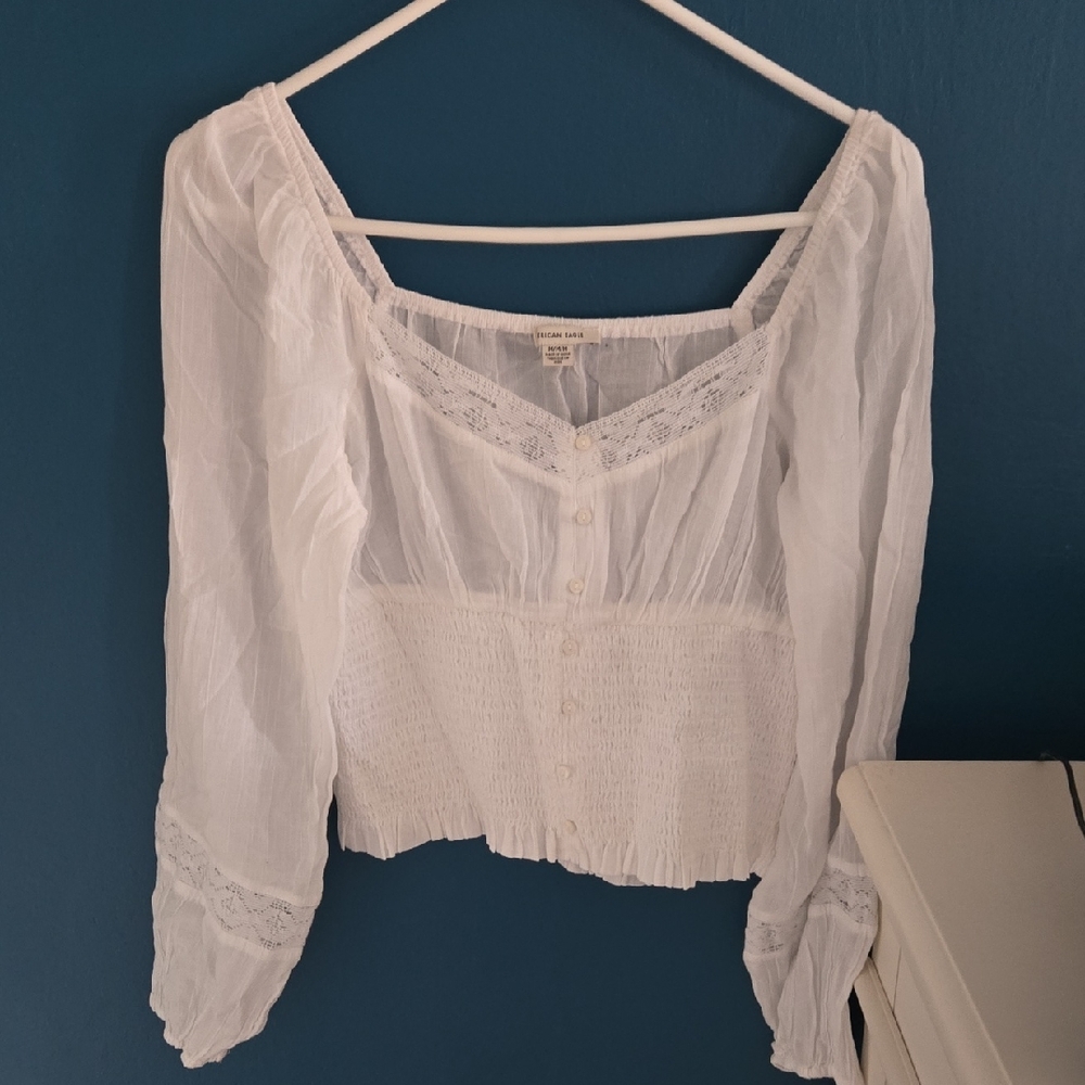 American Eagle Outfitters White Lace-Trim Smocked Peasant Blouse